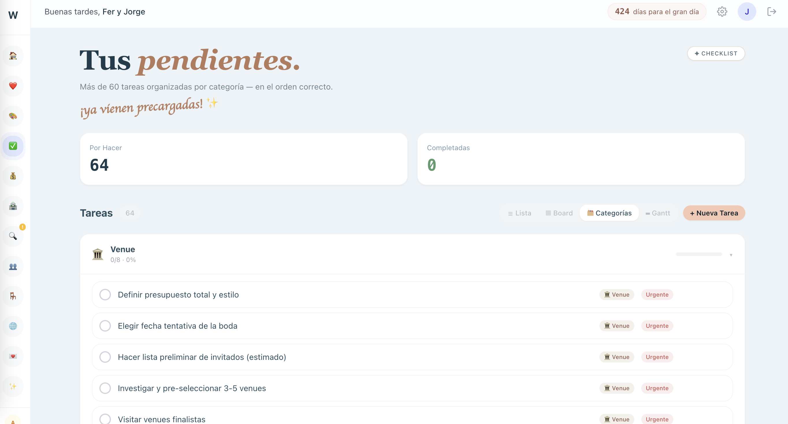 Pendientes categorizados